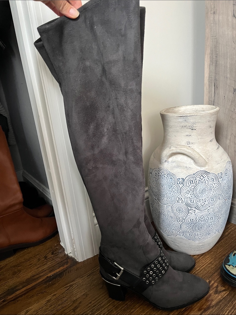 MICHAEL Michael Kors Dark Gray Suede Over-the-Knee Boots with Studded Strap